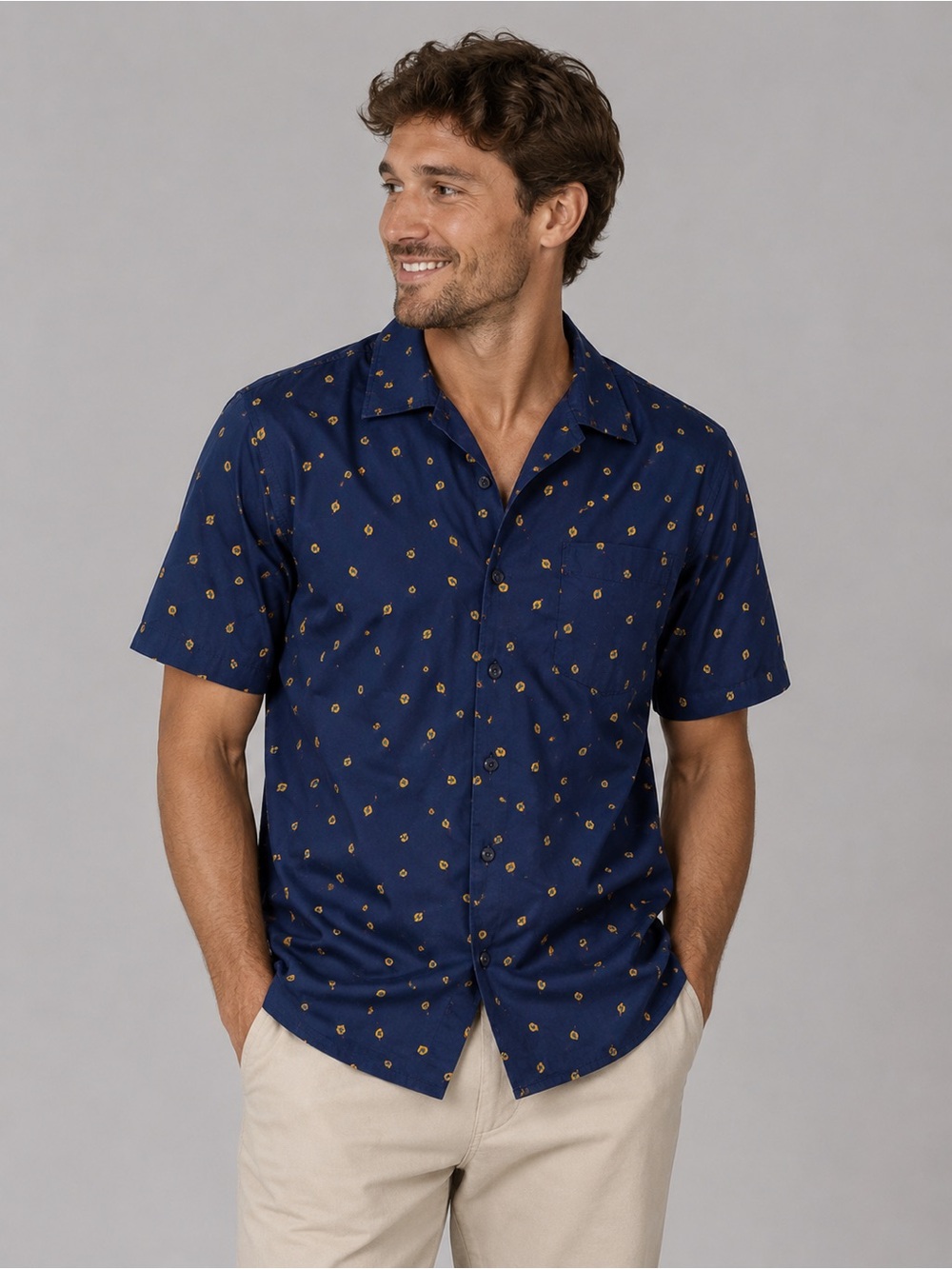 D|P Men’s Lemon Print Short Sleeve Button Down Shirt Navy Blue Size Medium